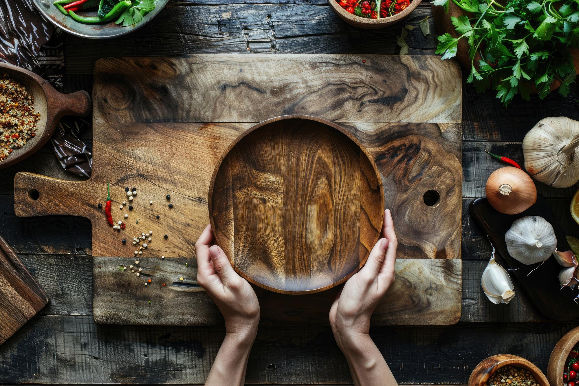 Rustic chef hands arranging a plated dish